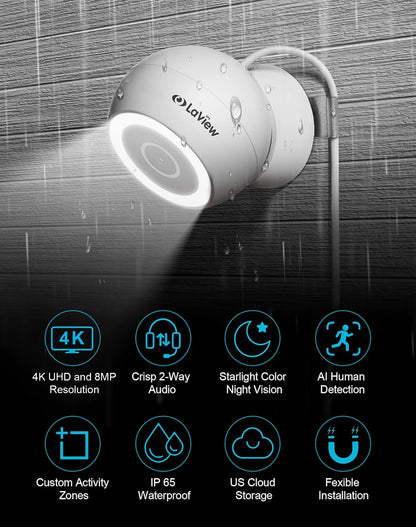 LaView 8MP 4K Security Cameras Outdoor Indoor Wired,IP65, Starlight Sensor & 100 Ft Night Vision,Motion/Person Detection,2-Way Audio/Spotlight,US Cloud,iOS & Android & Web Access