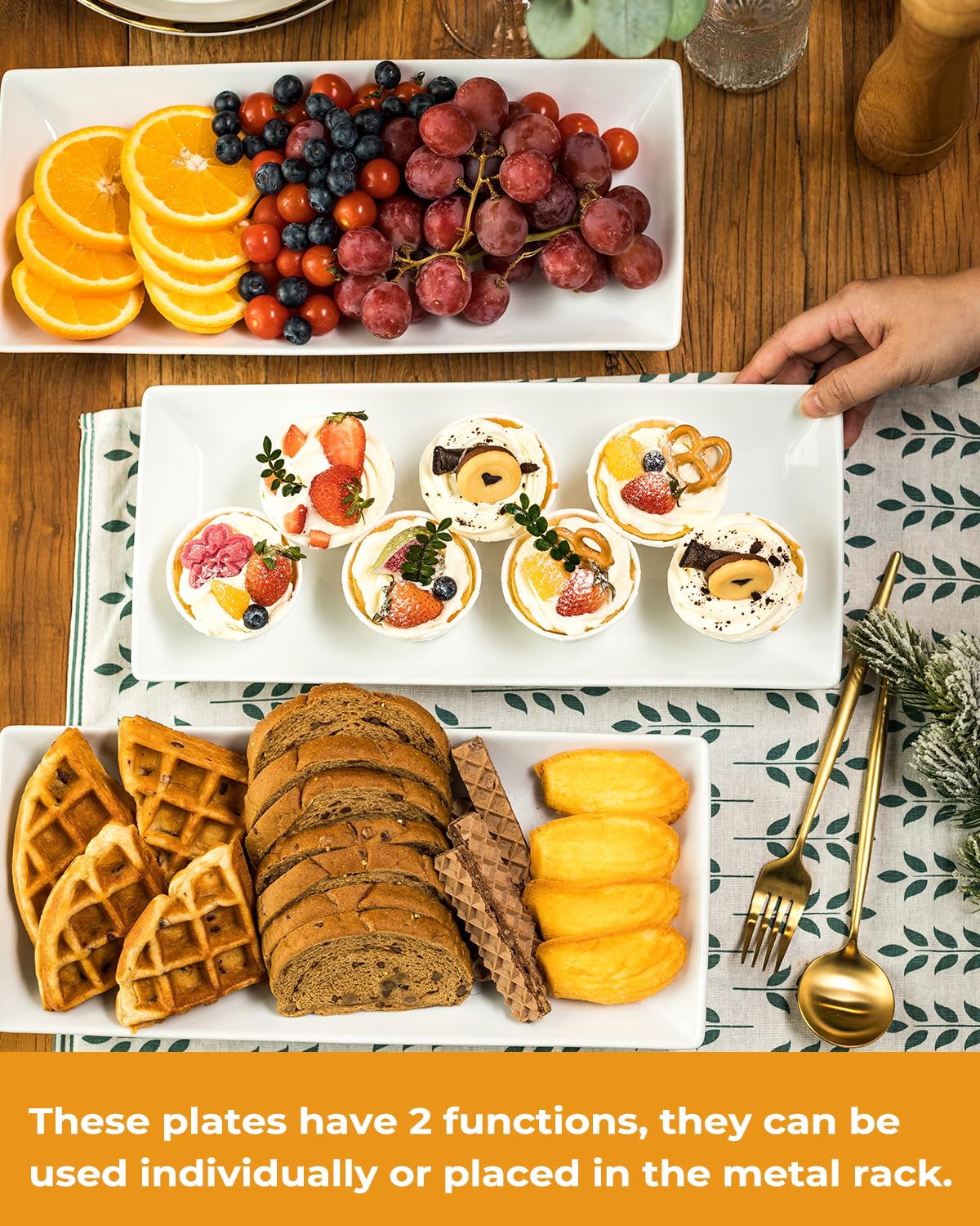 LAUCHUH Large 3 Tier Serving Stand Tiered Serving Trays with Collapsible Sturdier Rack Porcelain Serving Trays and Platters for Fruit Dessert Presentation Mother's Day Party Display Set, 14 Inch