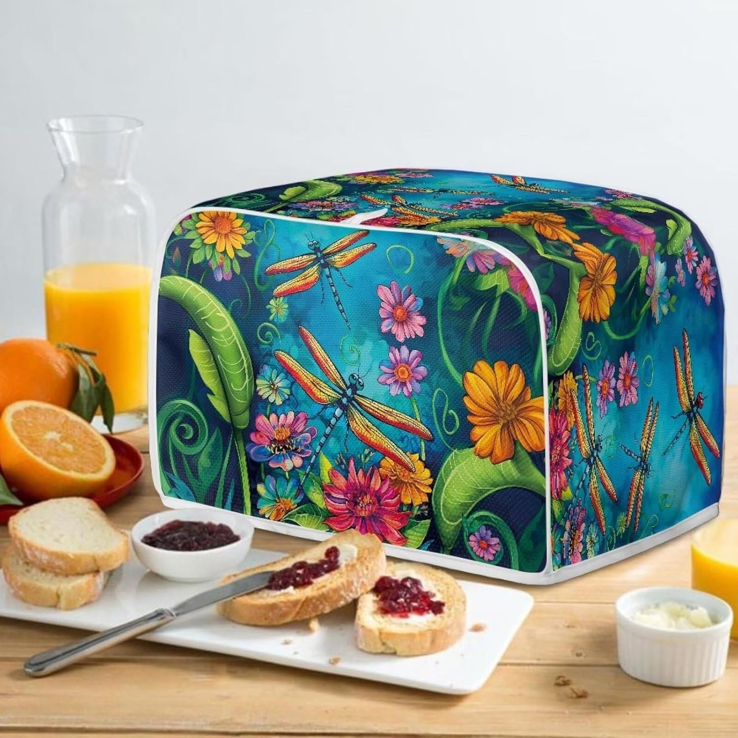 Dragonfly Flower Printed Toaster Cover, 2 Slice Long Slot, Washable Dust Protection for Kitchen Small Appliances