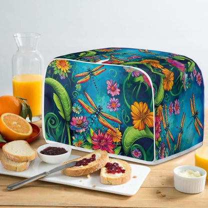 Dragonfly Flower Printed Toaster Cover, 2 Slice Long Slot, Washable Dust Protection for Kitchen Small Appliances