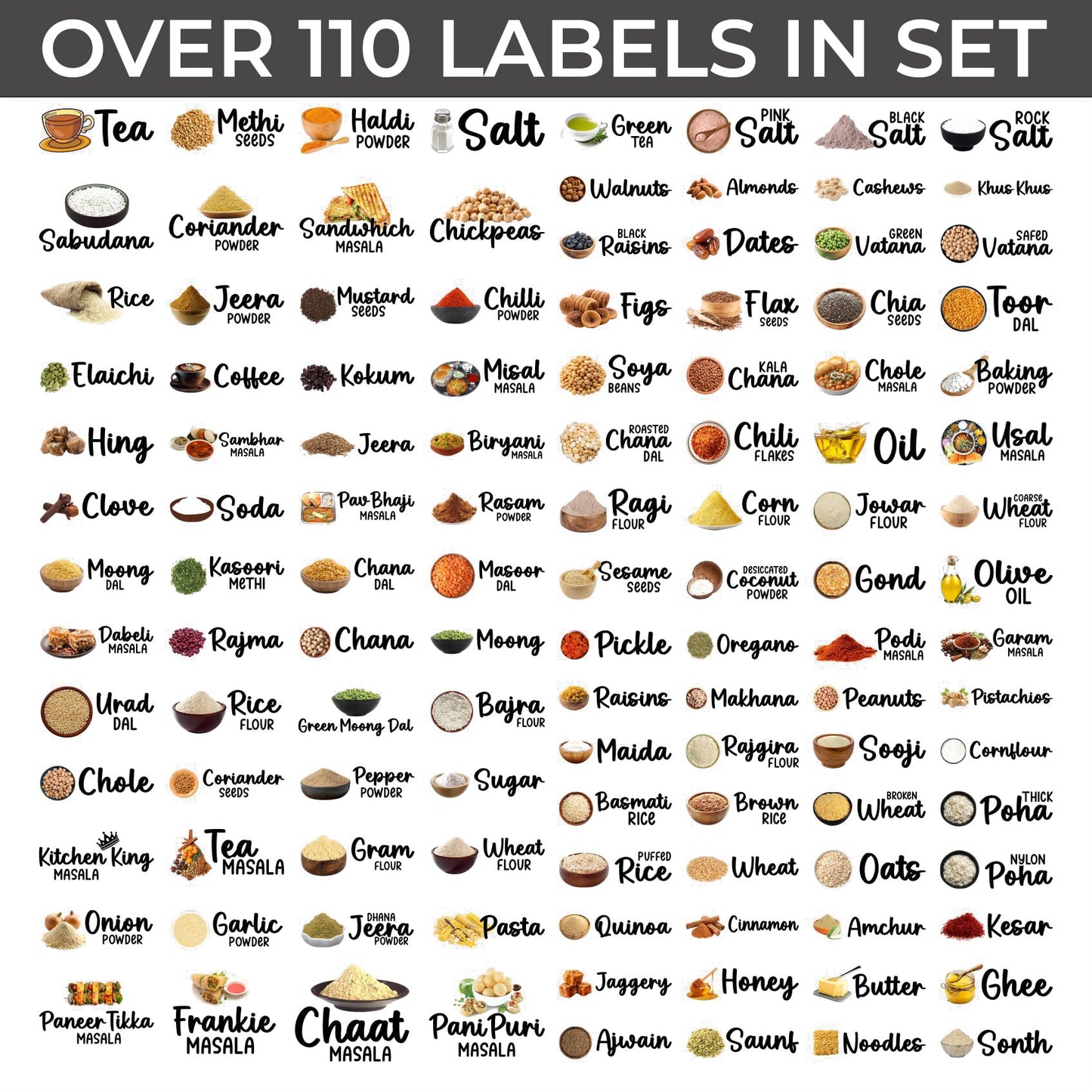 Indian Kitchen Labels Set, 116 Labels, South Asian Spice and Pantry Organization Stickers