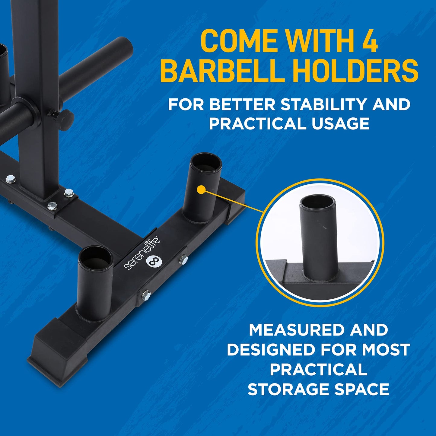 SereneLife 6-Pegs Olympic Weight Plate Rack & 4 Barbells - 800 Pounds Capacity, Heavy Duty Gym Organizer, Scratch Resistant Frame, Powder-Coat Finish, Easy to Assemble, Compact & Space-Saving