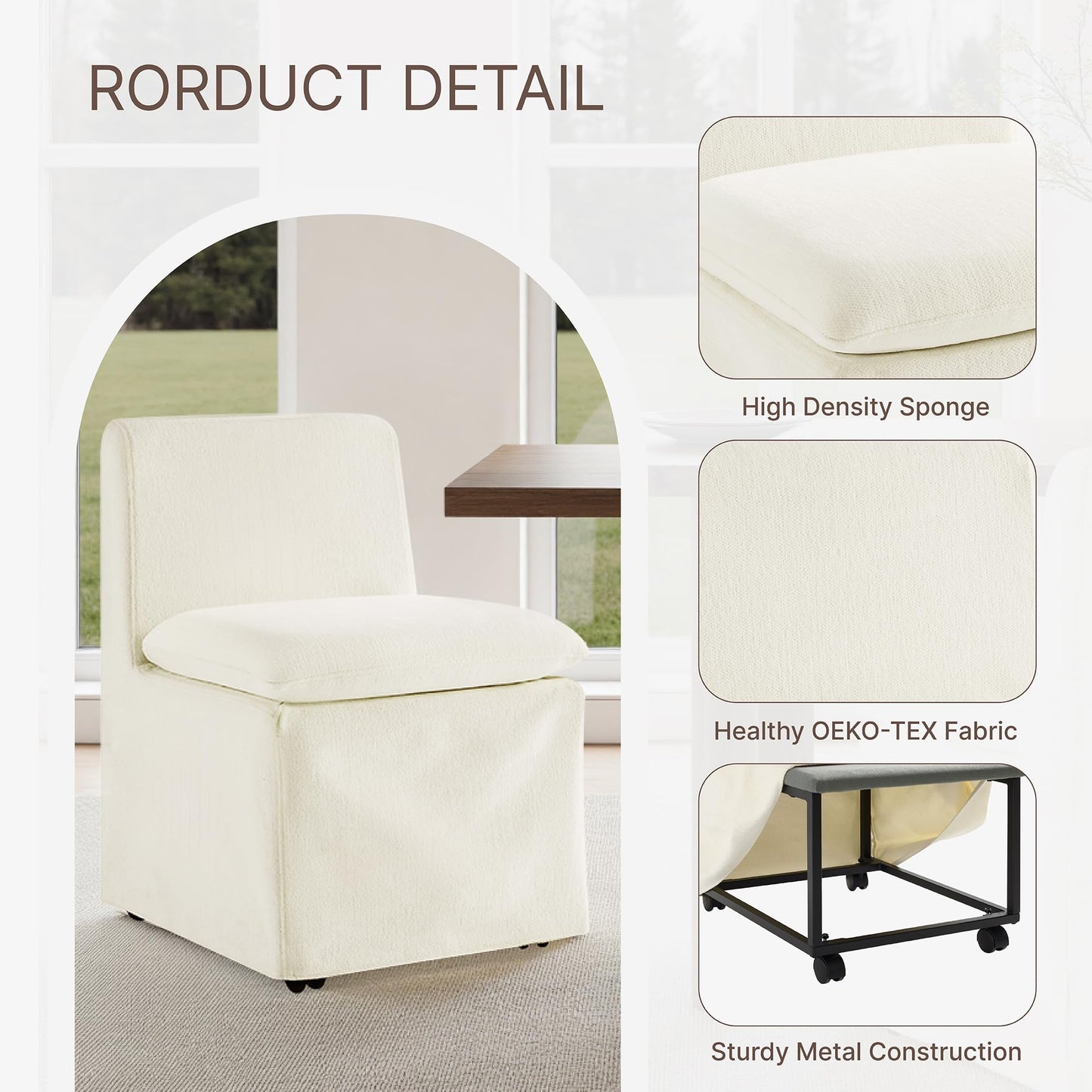 KISLOT Upholstered Dining Chairs Set of 2 with Casters, Modern Armless Kitchen Chairs with Removable Washable Cover, Chenille Velvet Fabric, Sturdy Metal & Wood Frame, 19.5" Seat Height, Linen
