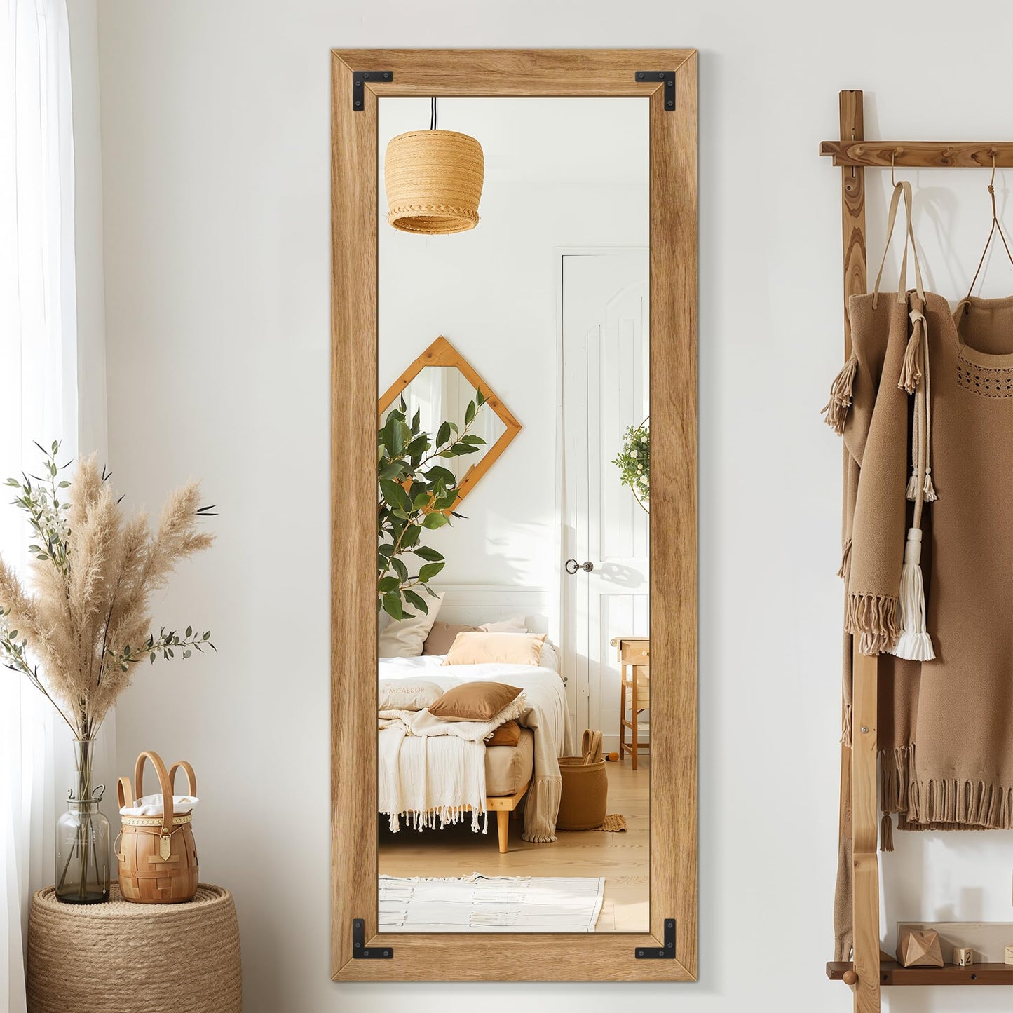 TRAHOME Full Length Mirror with Wooden Frame, 56"X22" Solid Wood Standing Floor Mirror for Farmhouse, Bathroom, Bedroom Decor, Hanging or Leaning Wall-Mounted
