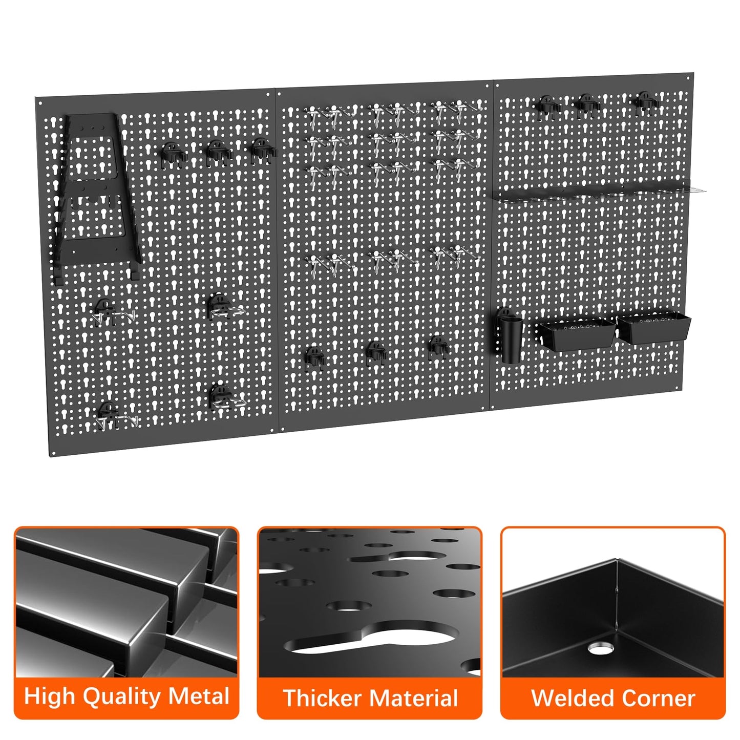 TORACK 3 PCS Metal Pegboard Panels for Garage Wall Utility Tools Storage Pegboard for Workbench, Modular Peg Board Tool Organizer Board Kit(Pack of 3, Black)