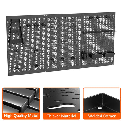 TORACK 3 PCS Metal Pegboard Panels for Garage Wall Utility Tools Storage Pegboard for Workbench, Modular Peg Board Tool Organizer Board Kit(Pack of 3, Black)