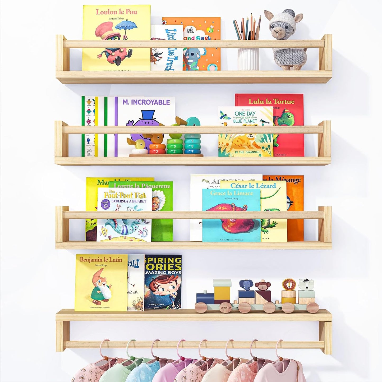 23.6 Inch Set 4, Fixwal Nursery Book Shelves, Floating Bookshelves for Wall of Baby Nursery & Playroom Decor, Solid