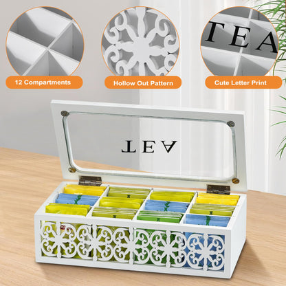 handrong Wooden Tea Box,12 Compartments Tea Organizers and Storage,Decorative Tea Bag Holder Organizer with Clear Top for Countertop Kitchen Cabinet Pantry