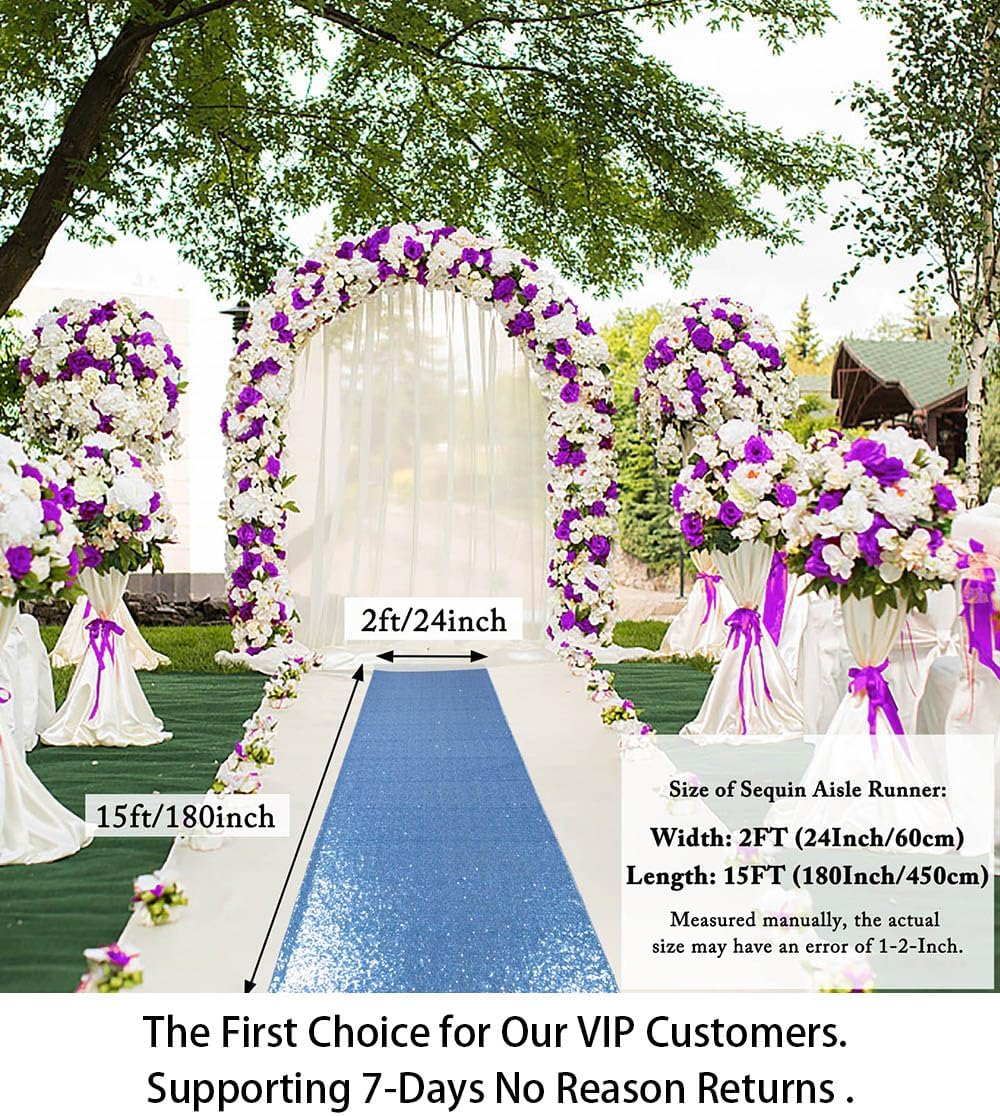 ShiDianYi Blue Aisle Runner for Wedding, 15FTx2FT Modern Baby Blue Glitter/Sequin Mesh Fabric Wedding Rug Runner