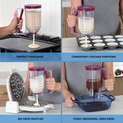 KPKitchen Pancake Batter Dispenser - Kitchen Must Have Tool for Perfect Pancakes, Cupcake, Waffle, Muffin Mix, Cake & Crepe - Baking Supplies for Griddle - Pancake Maker with Measuring Label (Purple)