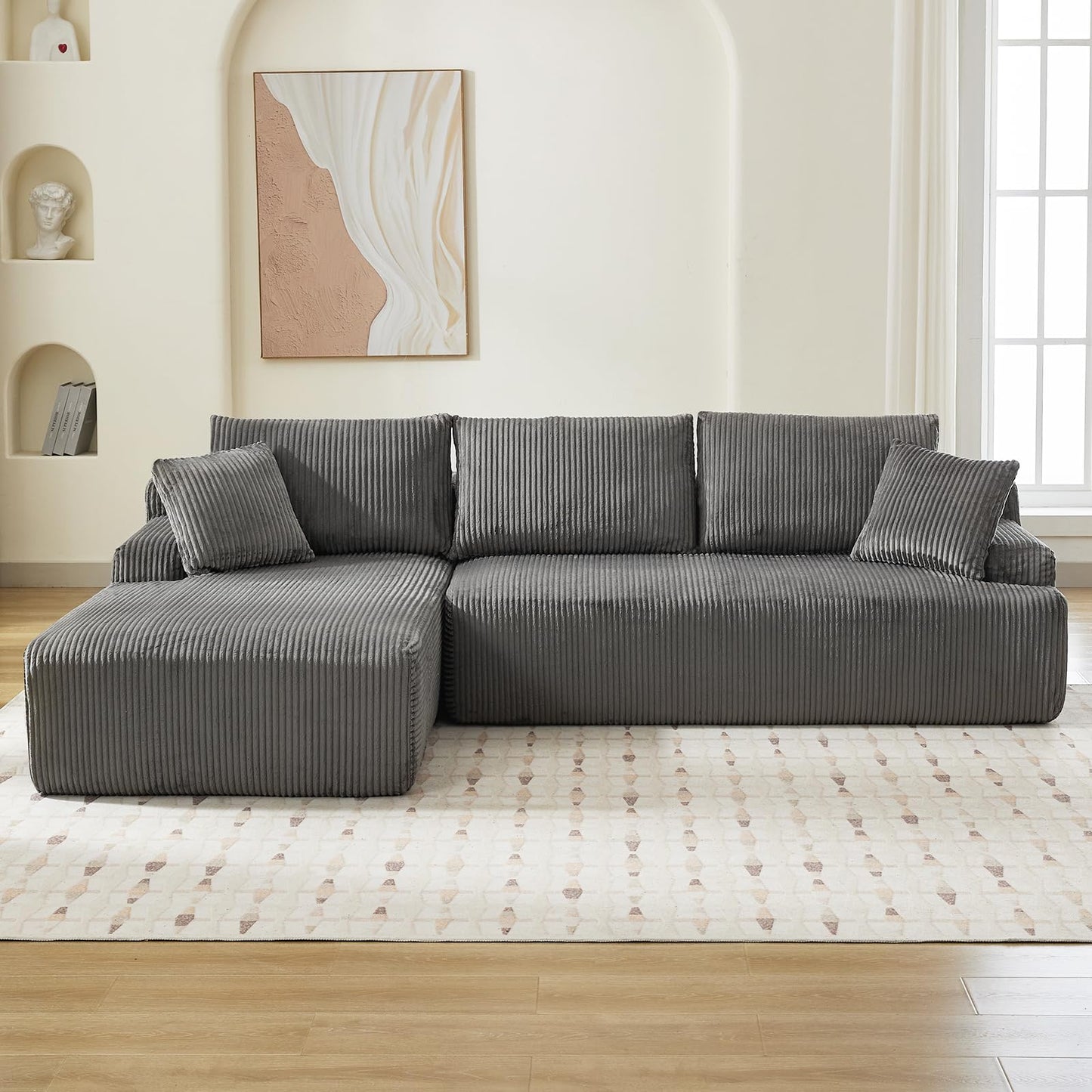 Cloud Boneless L-Shape Couch 108" Modern Sectional Comfy No Assembly Required Sleeper Modular Sofa with Corduroy Fabric Deep Seat Loveseat + Chaise Lounge Chair for Living Room