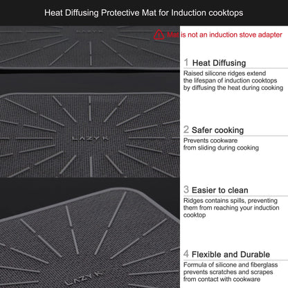 Lazy K Induction Cooktop Mat - Silicone Fiberglass Scratch Protector - for Magnetic Stove - Non slip Pads to Prevent Pots from Sliding during Cooking - Square (9inches) Black