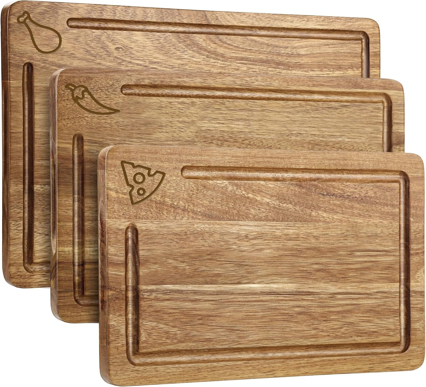 Amitlimate Set 3 Acacia Wood Cutting Board for Kitchen,Built-In Handles with Juice Groove Chopping,Large Medium Small