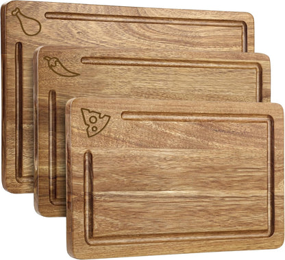 Amitlimate Set 3 Acacia Wood Cutting Board for Kitchen,Built-In Handles with Juice Groove Chopping,Large Medium Small