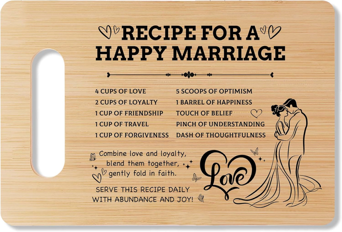 Wedding Bamboo Cutting Board Gifts, Recipe for a Happy Marriage, Engagement & Bridal Shower Gifts for Couples