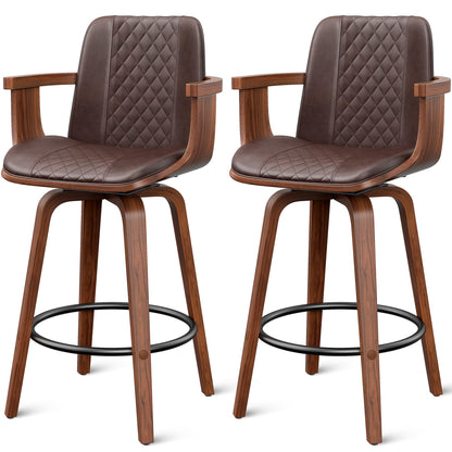 YaFiti Swivel Bar Stools Set of 2, 26" Counter Height Barstools with Wood Legs and Backs, Upholstered PU Leather Bentwood Frame Bar Chairs with Armrest for Kitchen Island, Dining Room, Brown