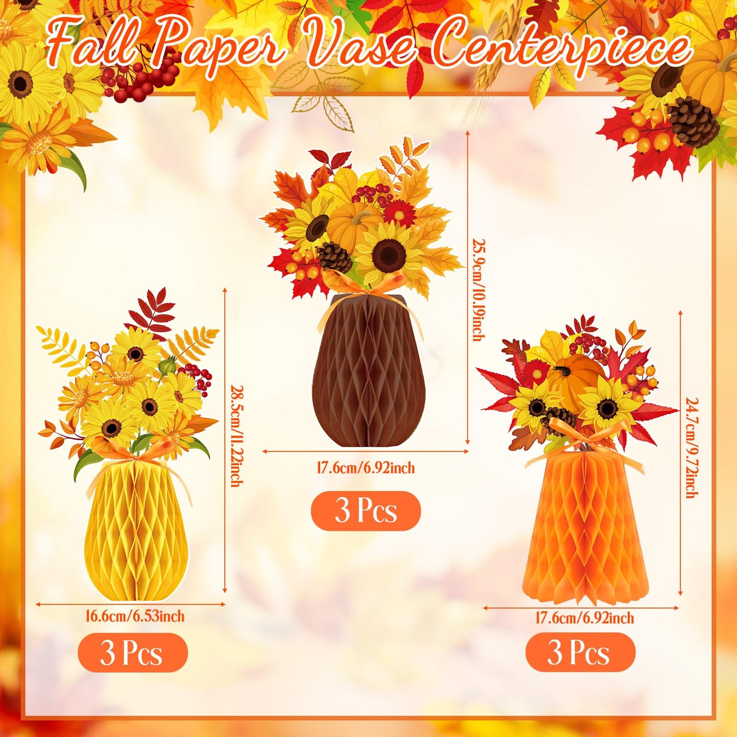 Kathfly 9 Pcs Fall Honeycomb Centerpieces Autumn Thanksgiving Pumpkin Maple Berry Sunflowers Paper Vase Table Centerpiece 3D Fall Party Decoration for Thanksgiving Party Favors Home Table Decor