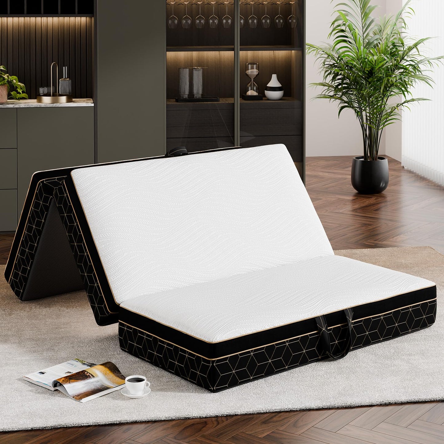 GEMBED Tri-Fold Memory Foam Mattress Queen - 6 Inch Portable Folding Mattress with Handle & Washable Cover, Floor Bed with Non-Slip Base, Space-Saving for Room, Travel, Guest Bed, RV, 78"x58"x6"