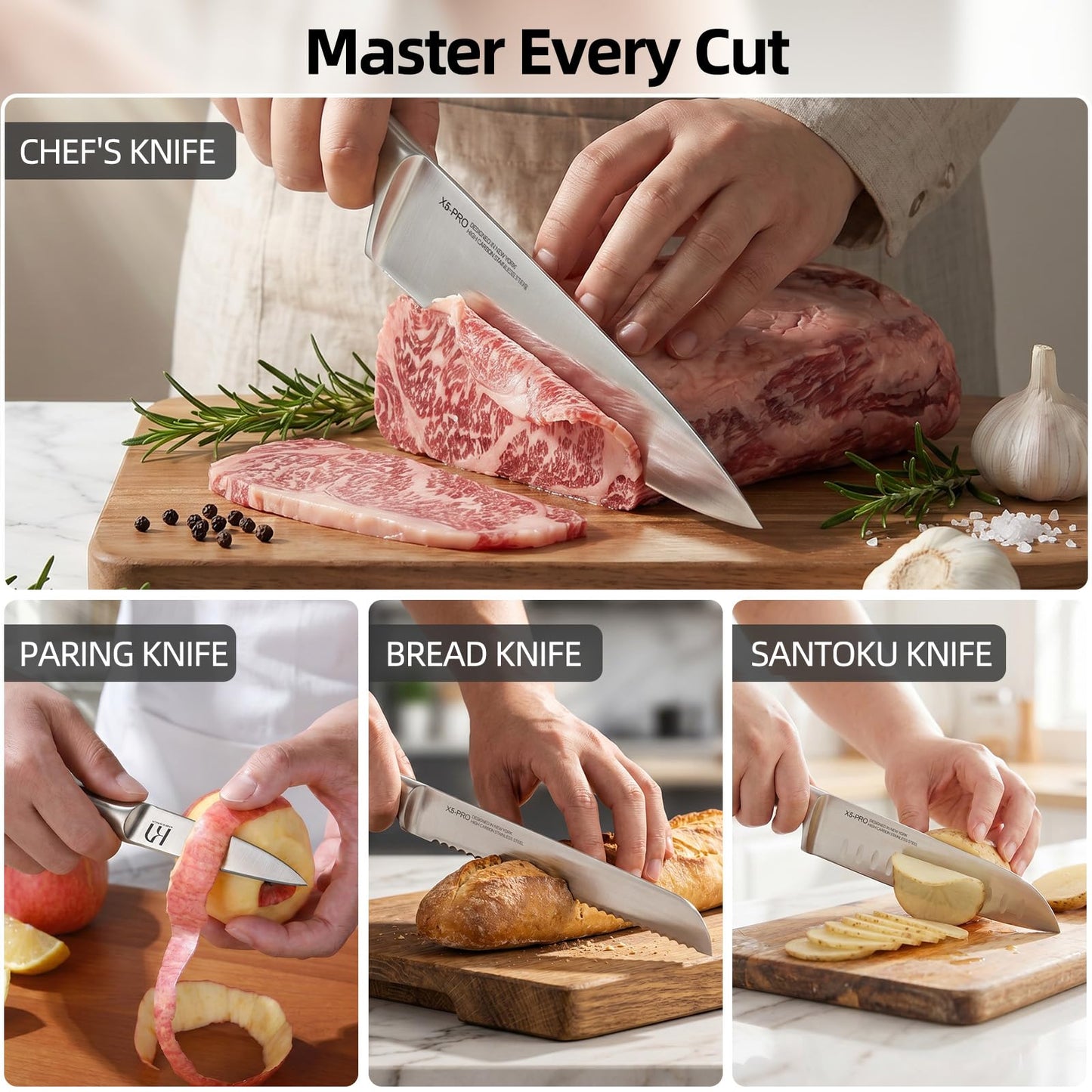 KnifeSaga Kitchen Knife Set with Block and Detachable Sharpener | 8-Piece High Carbon Stainless Steel Knife Block Set, Fully Forged Blades & Compact Design