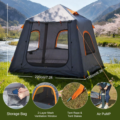 2-3 Person Inflatable Glamping Tent,Easy Set up with Hand Air Pump, Waterproof Blow Up Tent for Adults, Portable Outdoor for Hiking/Backpacking/Fishing，Grey