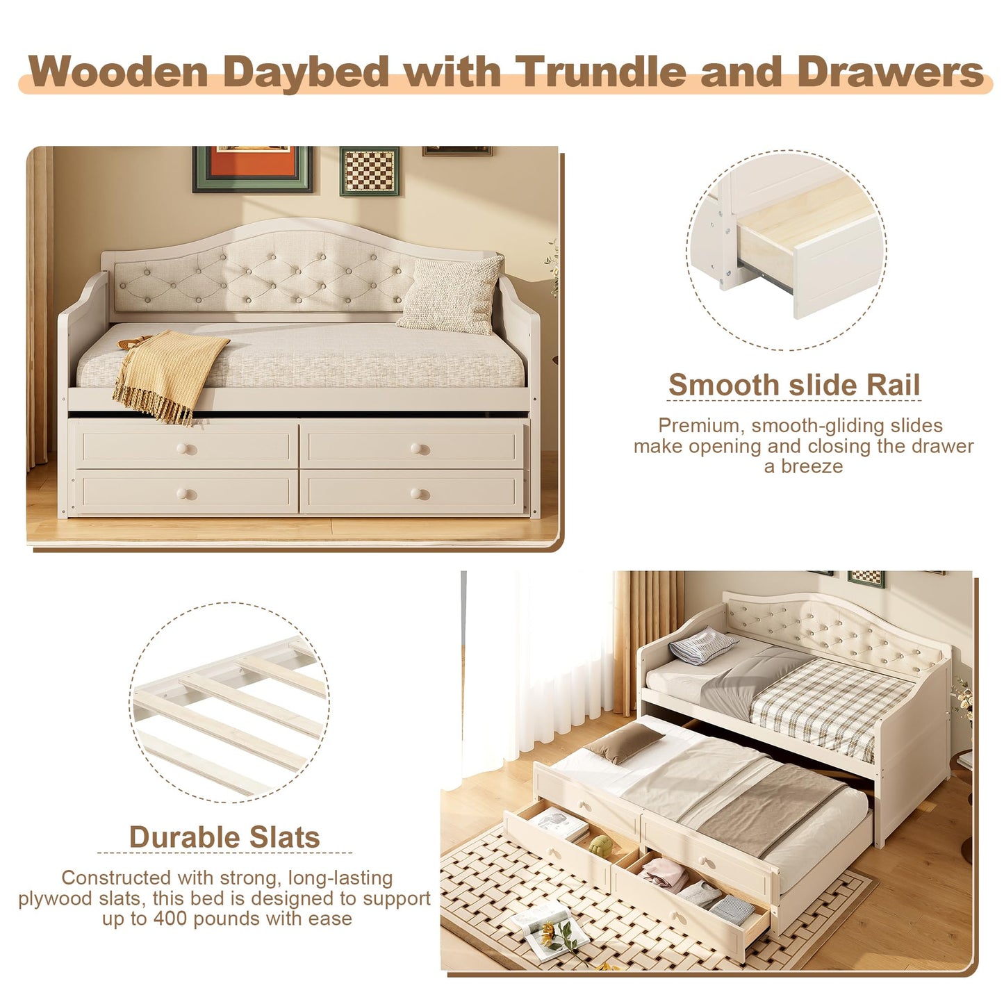 Ball & Cast Twin Size Daybed with Trundle,Wooden Bed w/ 2 Storage Drawers,Sofa Beds w/Upholstered Button Tufted Backrest,Slat Support,for Living Room, Bedroom, Guest Room,Beige