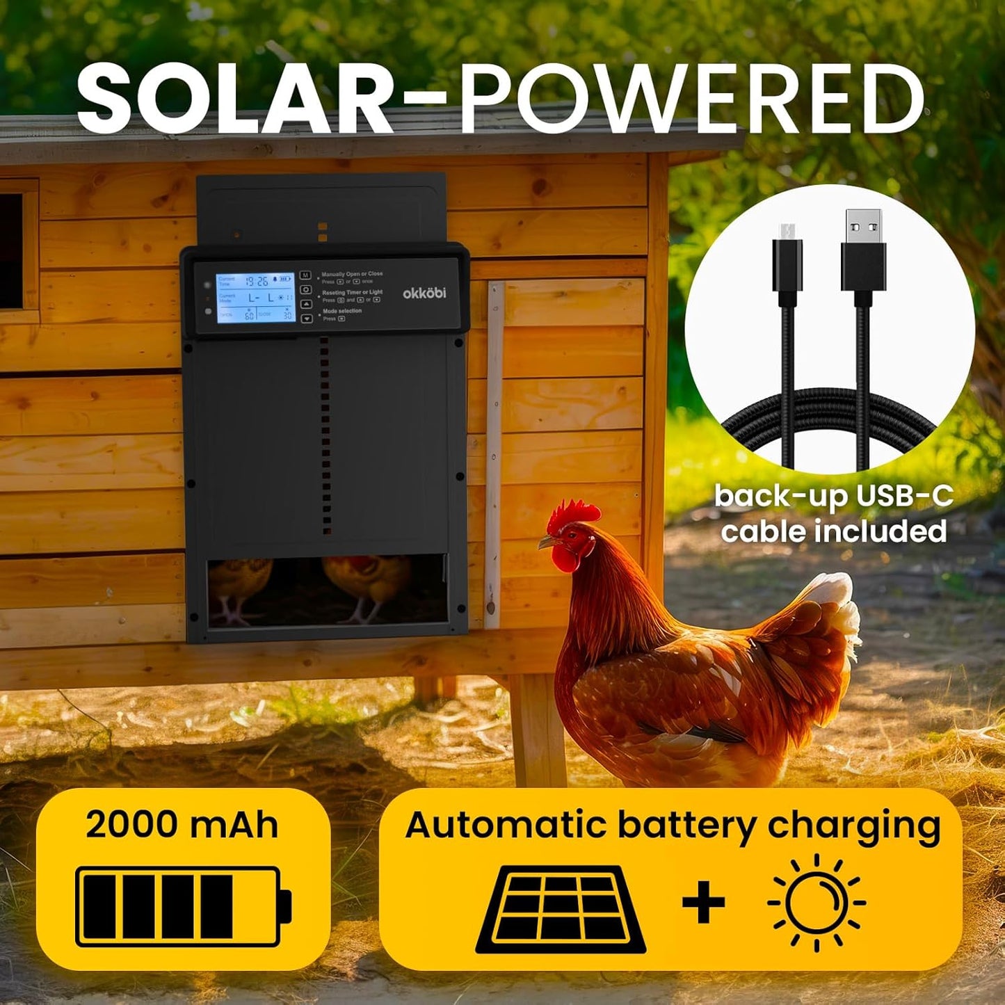 Anti-Pinch 5-Year Okkobi Automatic Chicken Coop Door Solar Powered - LCD Display - Chicken Coop Door with Light Sensor