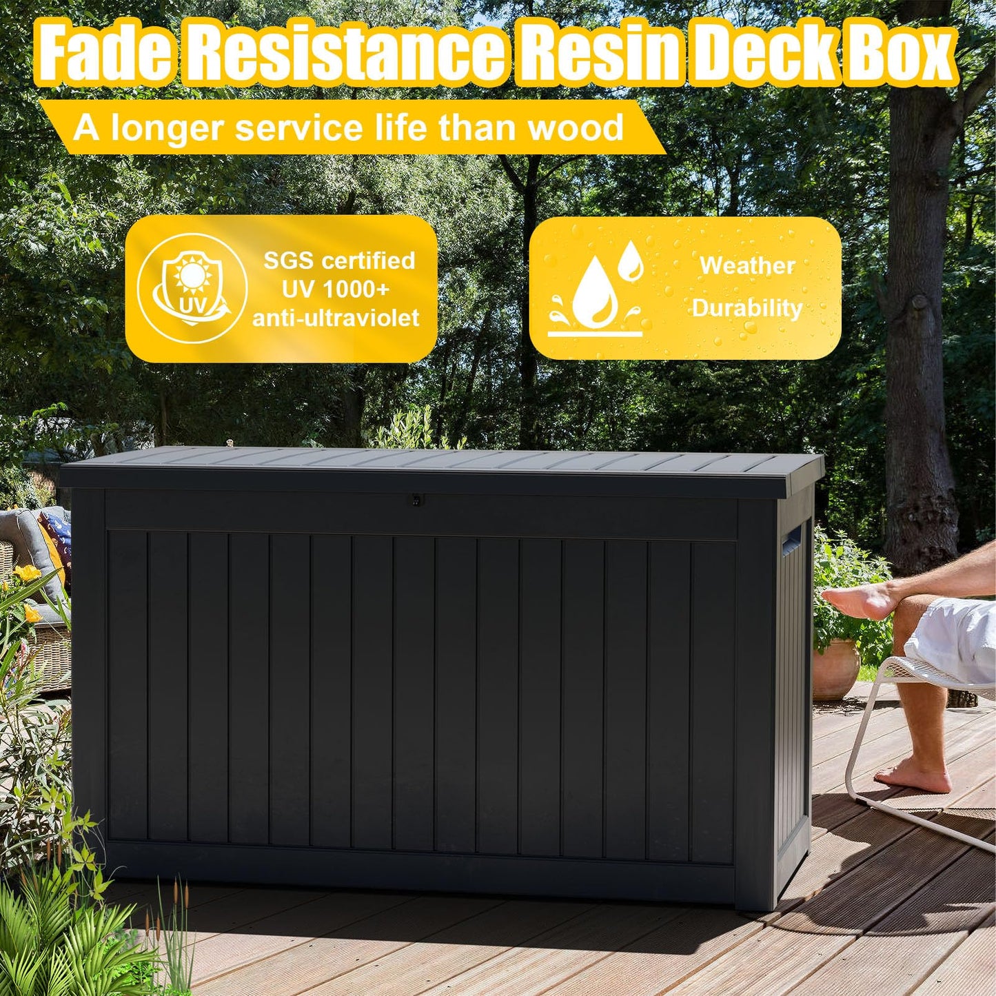 PatioZen 280 Gallon Large Deck Box,Resin Outdoor Storage Box with Lockable for Patio Furniture, Garden Tools Waterproof Outside Storage Box, Black