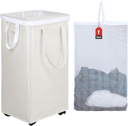 90L DOKEHOM X-Large Laundry Basket with Removable Wash Bag on Wheels, Collapsible Rolling Laundry Hamper, Foldable