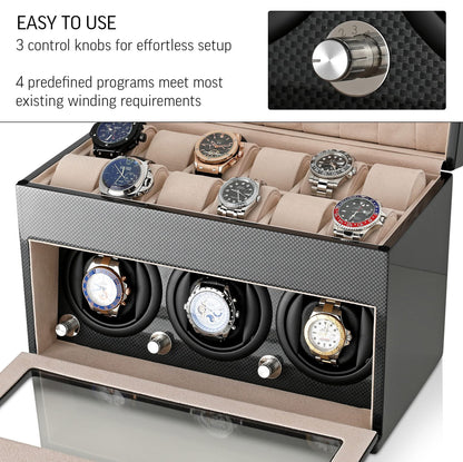 Watch Winder and Storage box for winding 3 Automatic Watches and 12 Watch Storage Space (Carbon + Beige)