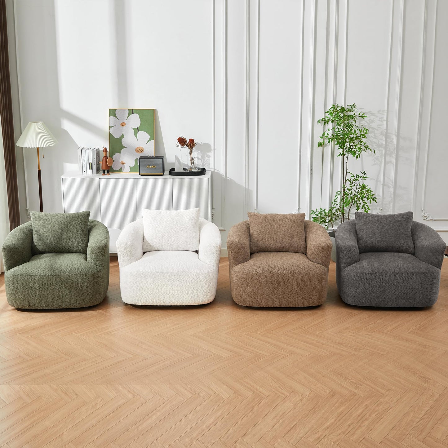 360° Swivel Accent Chair Boneless Barrel Armchair Ergonomic Upholstered Nursery Chair for Living Room Bedroom, Comfy Boucle Fabric