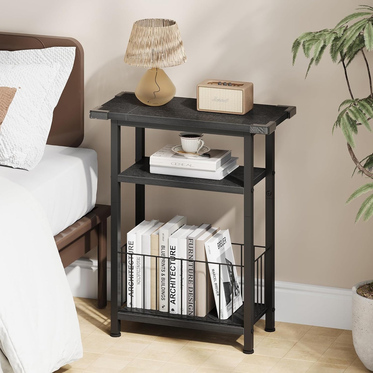 25.2" HET004BK1 Heybly Small Narrow Side Table for Small Space, Thin Bedside Table with Storage Basket, Skinny End