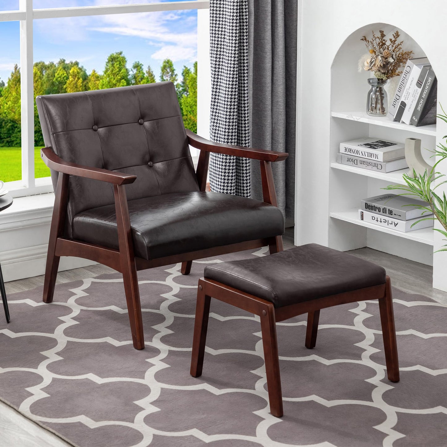 Convenience Concepts Take a Seat Natalie Accent Armchair and Ottoman Set 27.5" - Mid-Century Modern Lounge Chair with Foot Stool Set for Living Room, Bedroom, Espresso Faux Leather