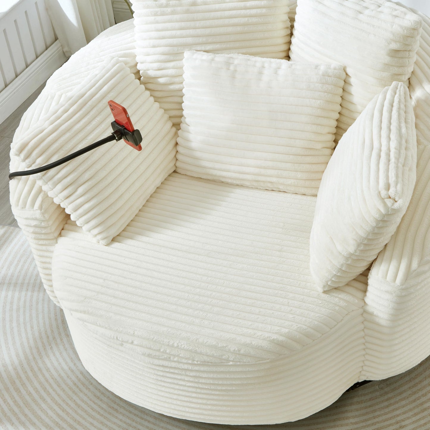 ERYE 360° Swivel Accent Barrel Chair Round Sofa Chaise with 5 Pillows and Adjustable Phone Holder, Modern Round Lazy Armchair for Living Room, Bedroom, Office and Hotel