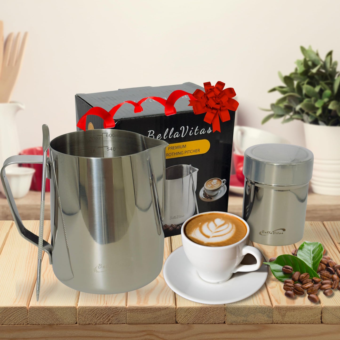 BellaVitas Milk Frothing Pitcher Set 20oz/600ml, 304 Stainless Steel Milk Frother Cup with Cocoa Shaker, Latte Art Pen, Stencils, Espresso Machine Accessories & Coffee Barista Tools Latte Pitcher Gift