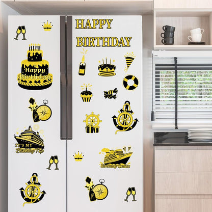 JarThenaAMCS Birthday Cruise Door Magnets Decoration Black Gold Happy Birthday Cruise Ship Magnetic Stickers for Cabin Ship Car Refrigerator Carnival Party Supplies, 16Pcs