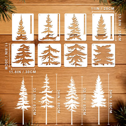 EVERJOYCRAFT 8pcs Large Pine Tree Stencils 4 Styles Reusable Tree Wall Stencils 32.5'' - 34'' Tall Forest Mural Drawing Templates for Wall DIY Art Crafts Painting Garden Wood Fence Tile