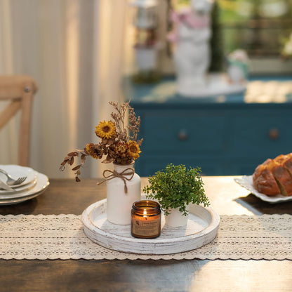 Hanobe Candle Plate Holder Tray: Round White Wood Decorative Tray Decor - Rustic Farmhouse CoffeeTable Decor - Tealight Pillar Trays for Home Decor