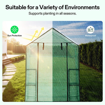 VIVOSUN 57x57x77 Inch Mini Walk in Green House with Window and Anchor, Plant Garden Hot House 2 Tiers 8 Shelves, 4.7 x 4.7 x 6.4 FT