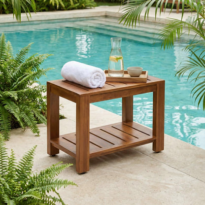 TeakCraft Teak Shower Bench with Shelf, 24” Wide, Shower Stool, Fully Assembled Bathroom Shower Seat, Water-Resistant Spa Bath Bench for Shower, Bathroom & Entryway, The Tara