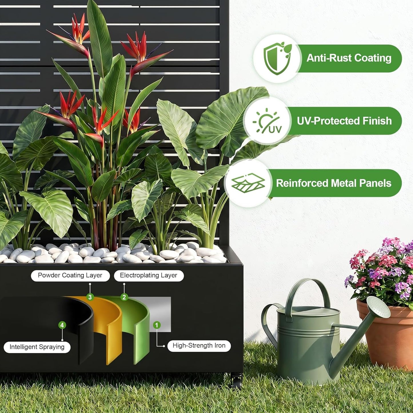 Raised Planter Box with Trellis & Lockable Wheels, Galvanized Metal, 73"x47"x16" Outdoor Privacy Screen with Planter Box for Heavy Climbing Plants, Flowers, Vegetables, Vines