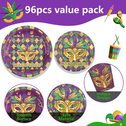 Arosche Mardi Gras Decorations Party Supplies Set for 24-Disposable Paper Plates and Napkins, Cups, New Orleans Masquerade Beads Holiday Tableware Party Decorations for Fat Tuesday Party Table Decor