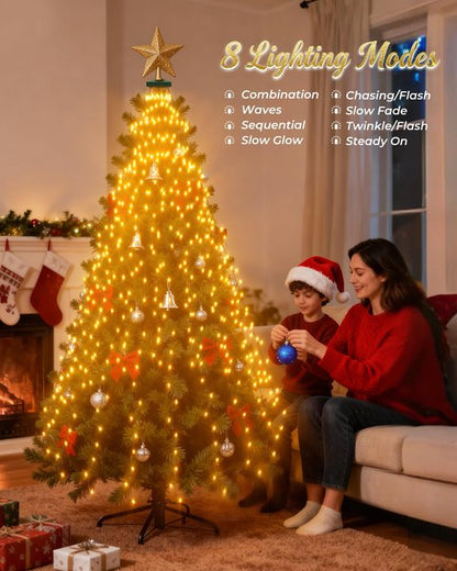Christmas Tree Lights, 400 LED Cascading Twinkle Waterfall Lights with 8 Light Modes & Memory Function, 6.6FT x 16 Lines Outdoor Xmas Light for Christmas Tree Toppers Decoration - Warm White