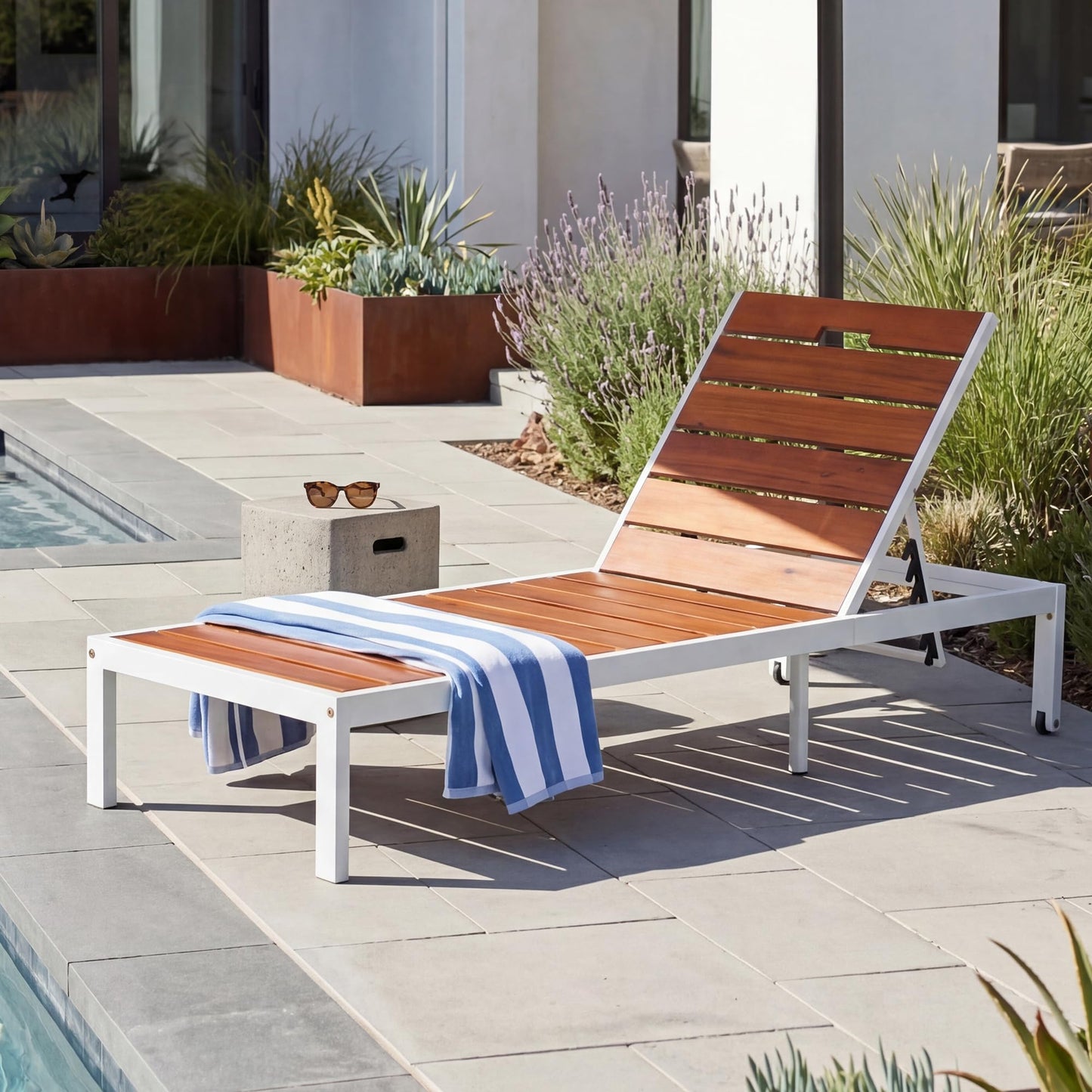 ApilithHive Outdoor Chaise Lounge with 6-Position Adjustable Backrest, Acacia Wood and Steel Frame, 78.7", 400 lbs Capacity, White and Brown