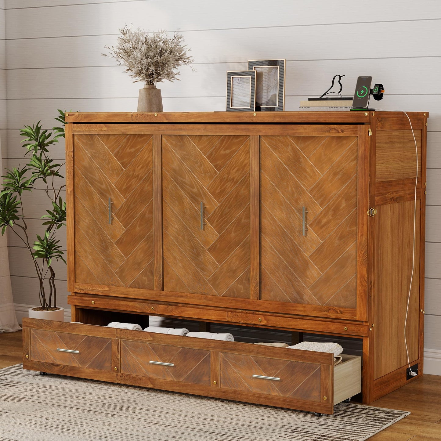DNYN Queen Size Murphy Bed with Storage Drawer and Built-in Charging Station for Bedroom/Guest Room, Space-Saving Foldable Pine Wood Cabinet Bed with USB Ports, No Box Spring Needed