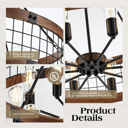 Faibra 10-Light Farmhouse Drum Wood Pendant Light,32'' Vintage Rustic Brown Oak Wood Chandeliers,Retro Industrial Hanging Light Fixtures for Dining Room Entryway, Bedroom