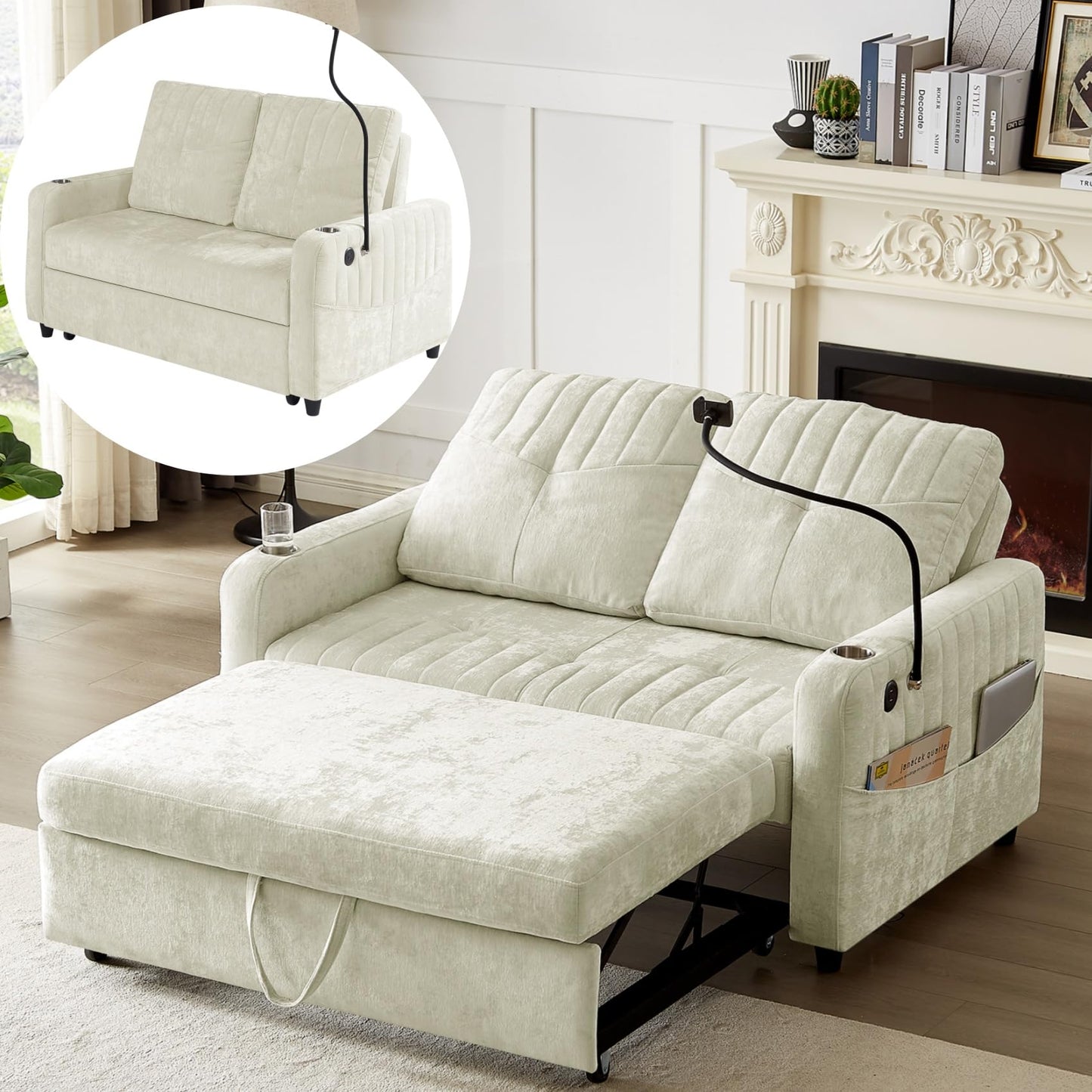 Merax Chenille 3-in-1 Pull Out Sleeper Sofa Bed Couch, 54" Convertible Futon Loveseat with Adjustable Backrest, 2 Cup Holders, Phone Stand, 3 Charging Ports and Storage Pockets for Living Room, Beige