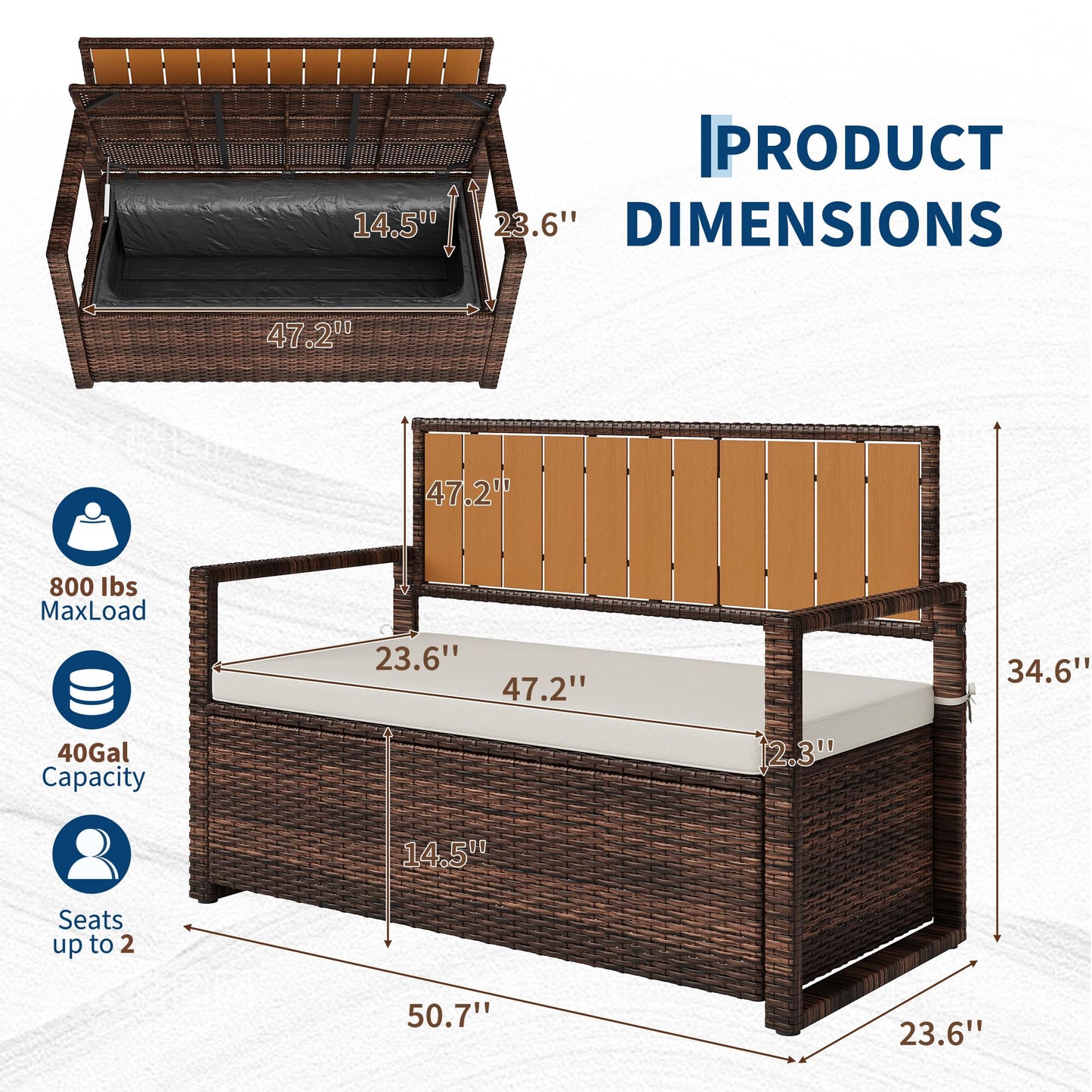 Garvee Dark Brown Wicker Storage Bench, Large Capacity Rattan Ottoman with White Waterproof Seat, Durable Iron & Wood Frame Chest for Toy Blanket Organization, Patio & Indoor Use