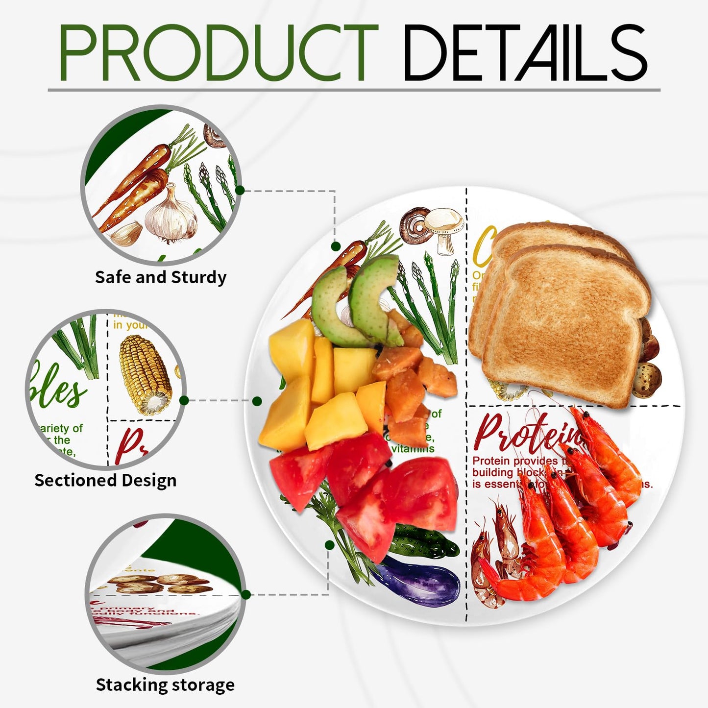VIYNRAN Portion Control Plate - 10 Inch Melamine Dinner Plate for Balanced Meals, Divided Sections for Vegetables, Carbs, and Protein with Colorful Food Illustrations - 4 Pack