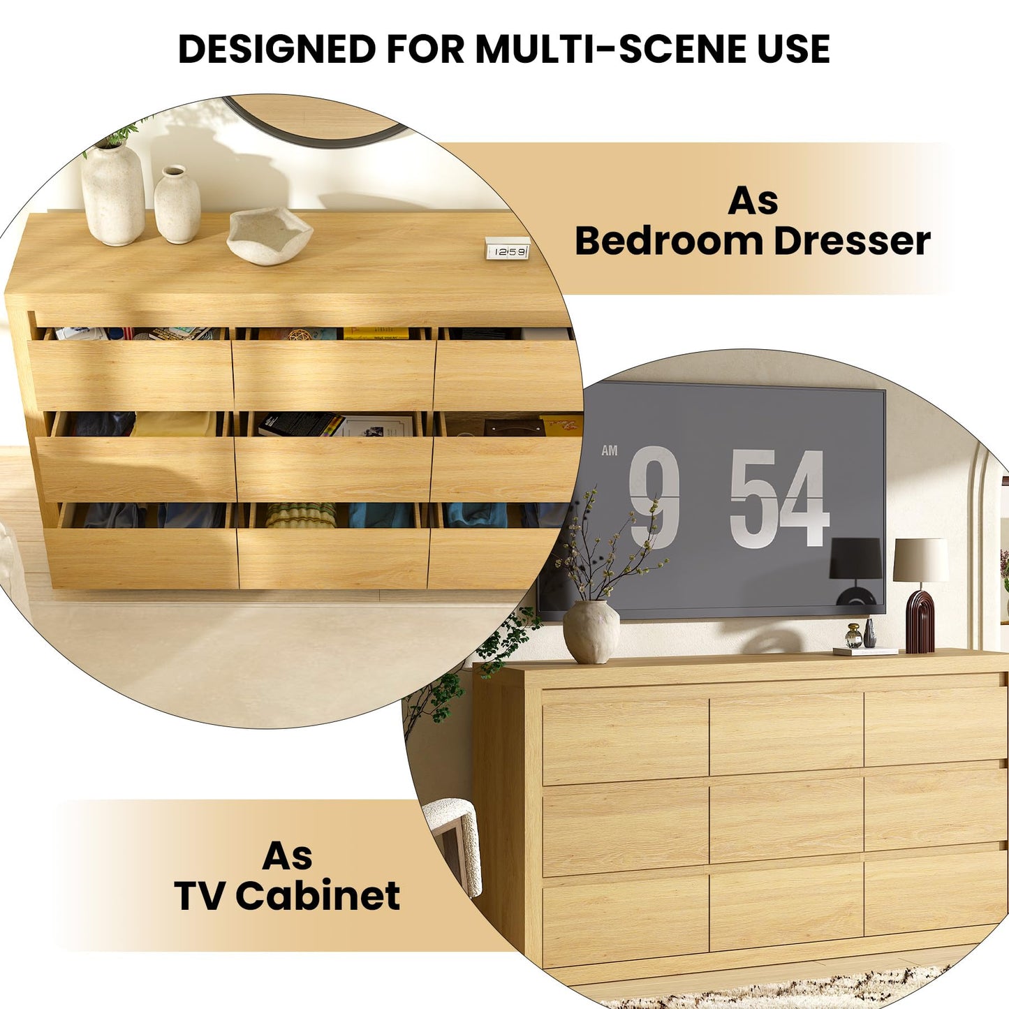 Garvee Modern 9 Drawer Dresser for Bedroom, Wide Chest of Drawers with Anti-Tipping Device, Wooden Storage Cabinet and TV Stand for Closet, Living Room or Hallway,Natural Wood