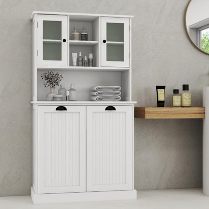 Amacv Two-Compartment Tilt-Out Dirty Laundry Basket Tall Bathroom Cabinet with 2 Adjustable Shelves-White
